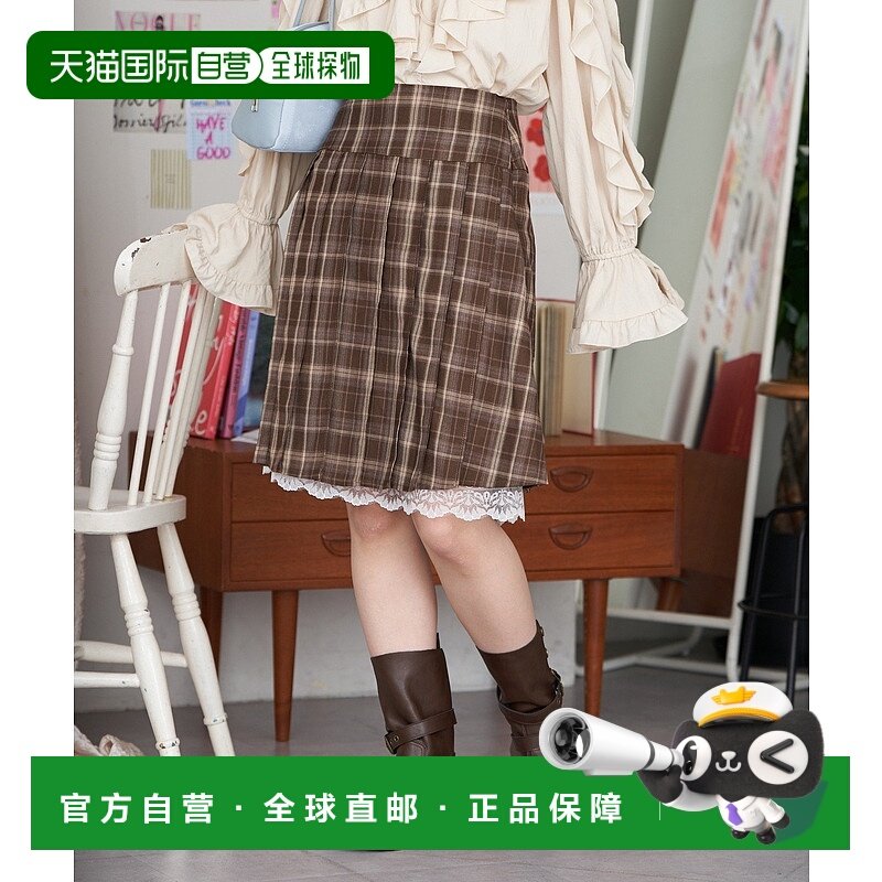 1h可退 日本直邮CIAOPANIC 女装 蕾丝拼接中长裙 格纹褶皱半身裙