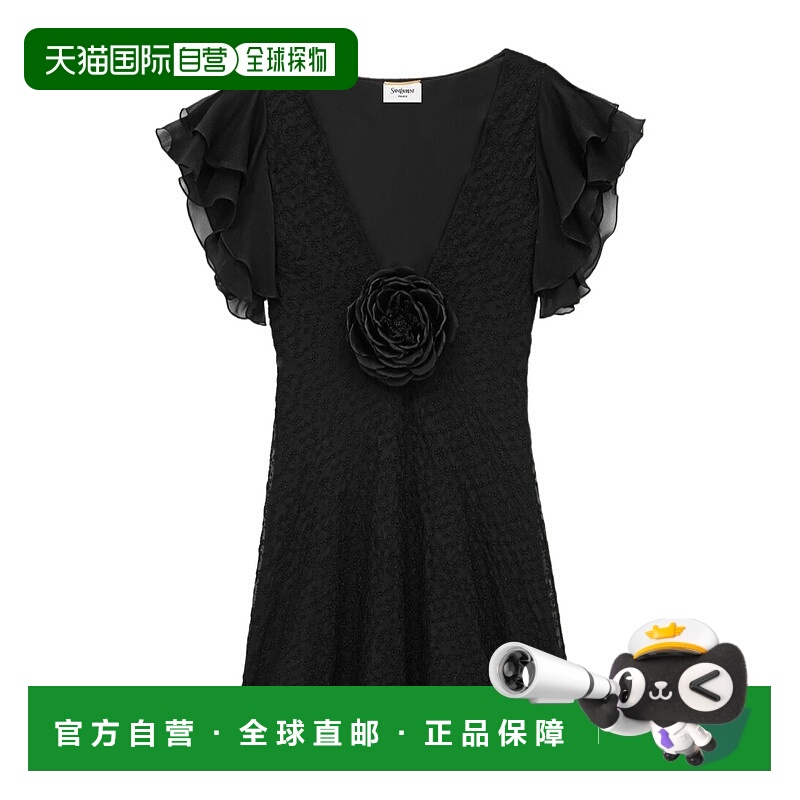 香港直邮Saint Laurent V领短袖连衣裙 842362Y3K47真丝