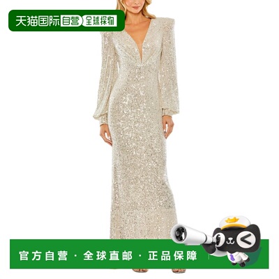 自营Mac Duggal Sequined Plunge Neck Structured Bishop Sleeve