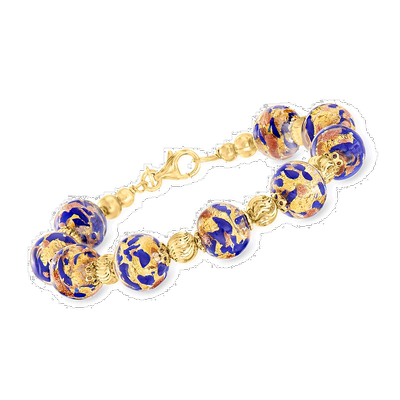 自营 Ross-Simons 18 克拉金意大利蓝色穆拉诺玻璃珠手链 - 7 英