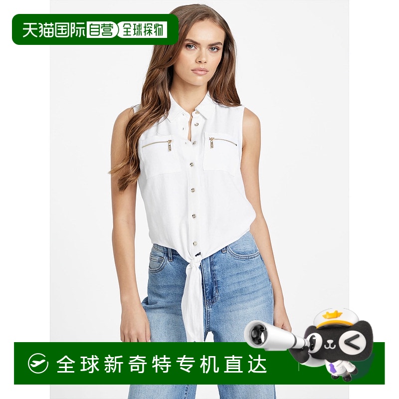 自营 guess生态红宝石领带前襟露脐上衣-纯白色 【美国奥莱】直发