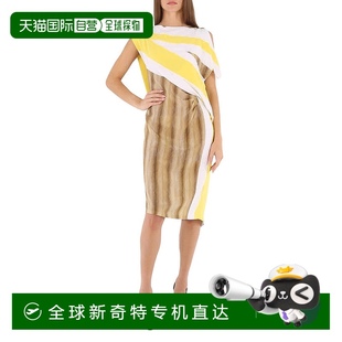 自营 美国奥莱 Burberry亮稻草图案印花船领不对称连衣裙 亮稻草