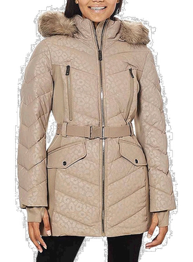 自营Michael Michael Kors 女式徽标 Lepaord 束带连帽羽绒服灰褐
