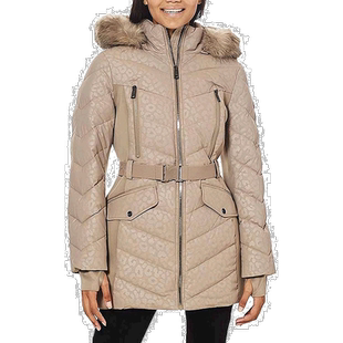 自营 Michael Michael Kors 女式徽标 Lepaord 束带连帽羽绒服灰