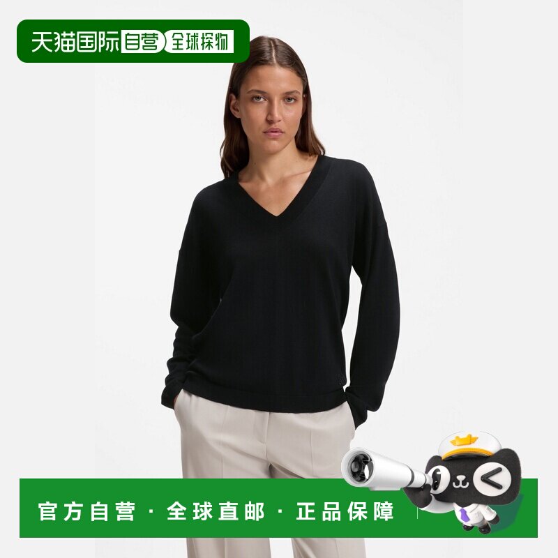 欧洲直邮自营HUGO BOSS雨果博斯 女士黑色羊绒混纺V领毛衣