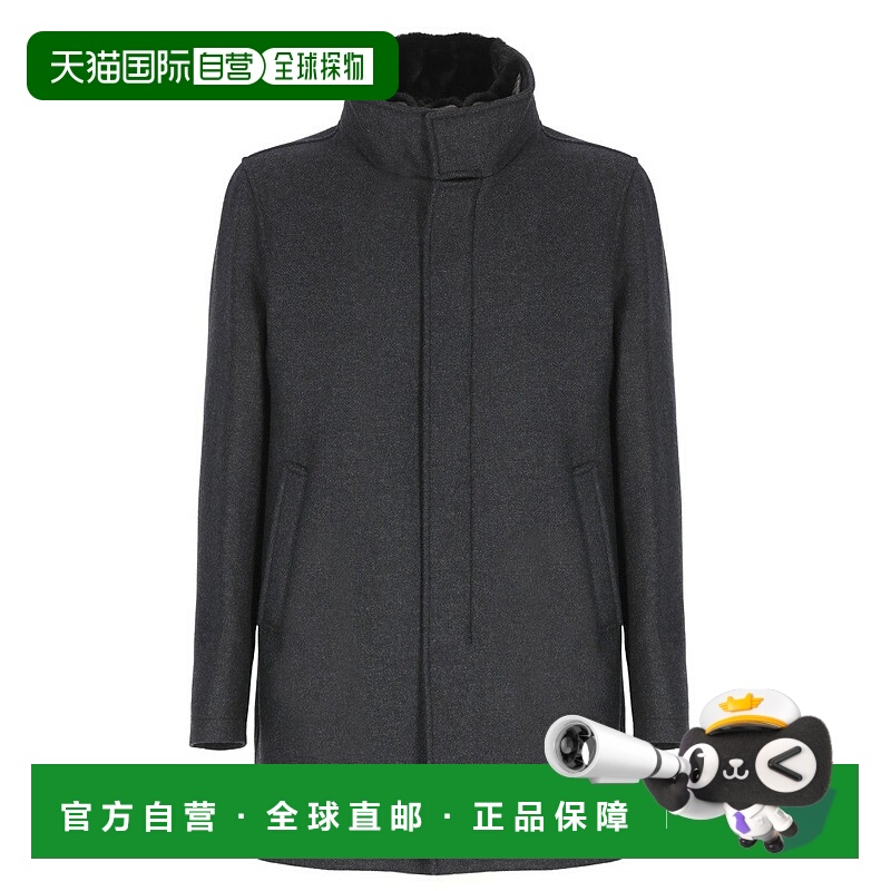 自营hernoHigh Neck Grey Wool Coat With Zip And Button Fasten