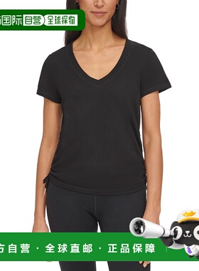 自营 calvin klein凯文克莱女式T恤黑色纹理V领抽绳褶边上衣FTS56
