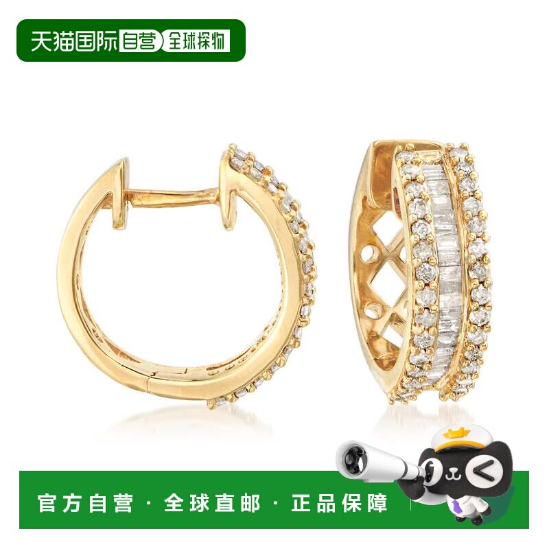 自营Ross-Simons 18kt 纯银圆形和长方形钻石圈形耳环 - 白色 美