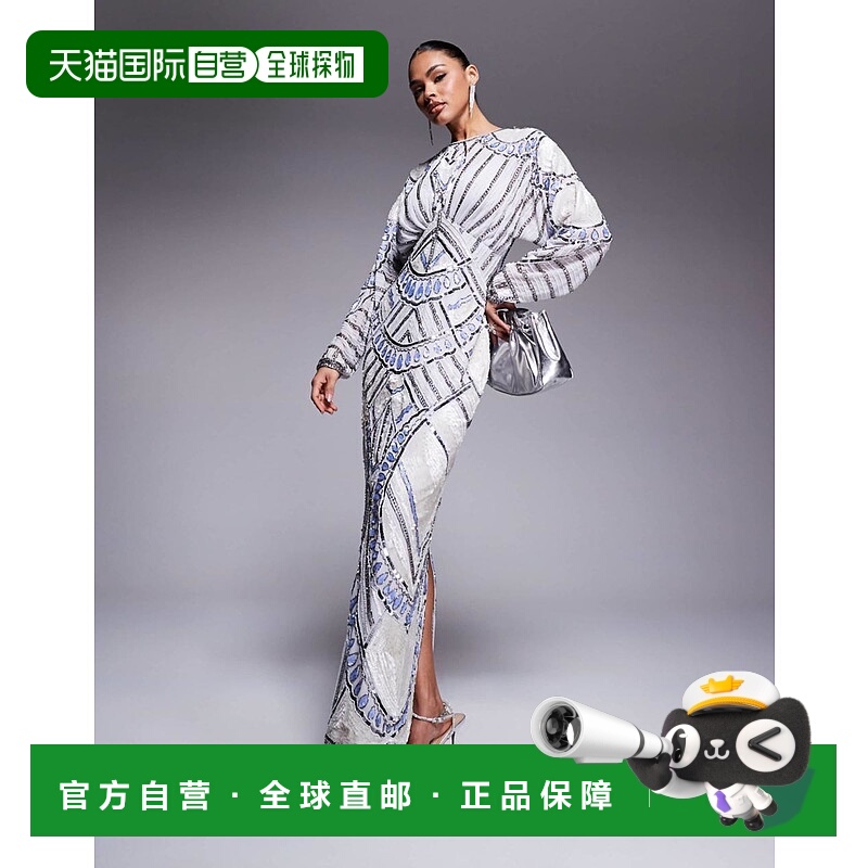 1h可退 香港直邮ASOS 女士 设计精饰蝙蝠袖浅蓝色长款连衣裙