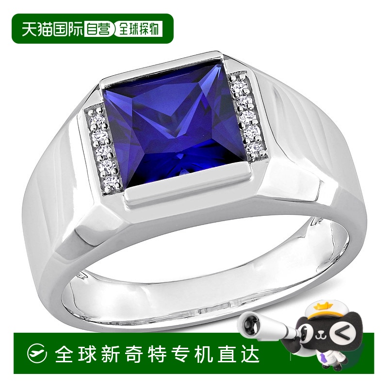 美国直邮Julianna B男士戒指10k白金镶嵌方形蓝宝石钻石时尚