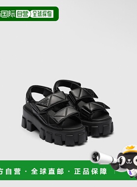 自营欧洲直邮Prada普拉达 Monolith系列女士黑色羔羊皮锯齿纹凉鞋