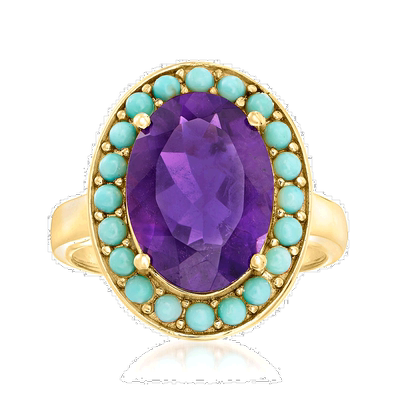 自营 Ross-Simons 18kt 金绿松石和紫水晶光环戒指 - 紫色 美国奥
