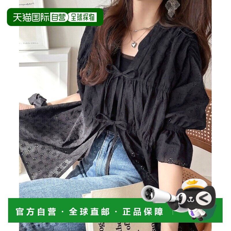 日本直邮classicalelf 女装 纯棉双蝴蝶结糖果袖蕾丝衬衫 ce10105