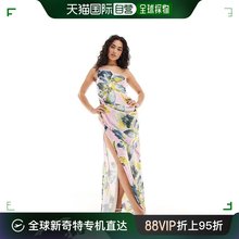 设计缎面单肩垂褶大腿开衩印花长款 ASOS 连衣 女士 香港直邮潮奢