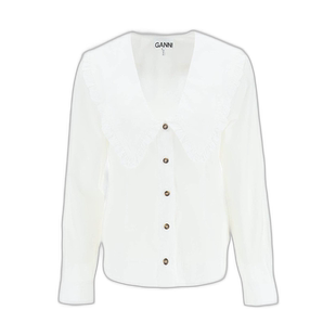 香港直邮GANNI 女士衬衫 F5778151 AW2024 白色 Wide V-neck shir