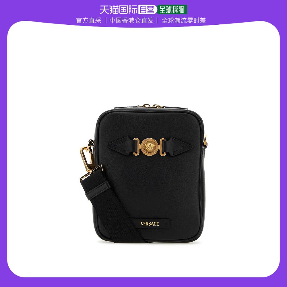 香港直邮潮奢 versace 男士medusa biggie 黑色皮质斜挎包