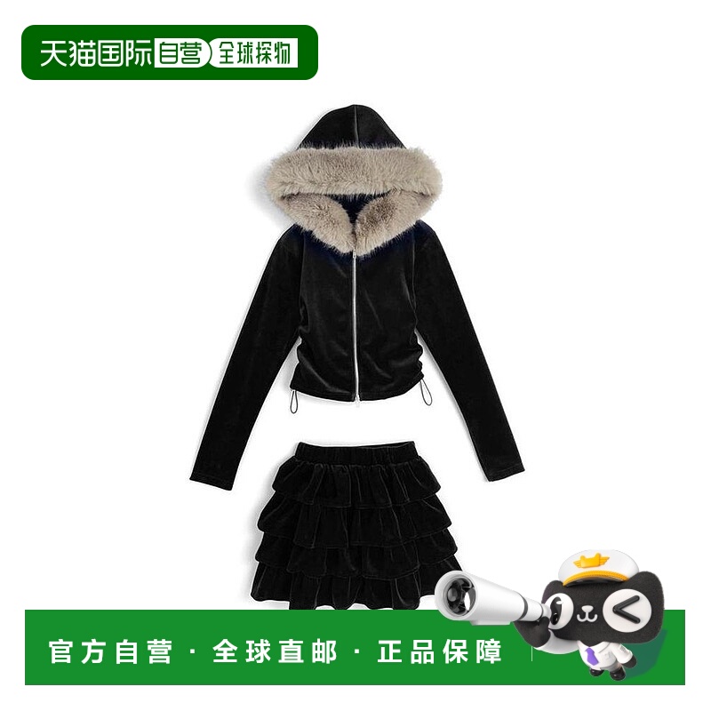 日本直邮日潮 GRL毛绒连帽双拉链卫衣荷叶边迷你裙套装ru1459