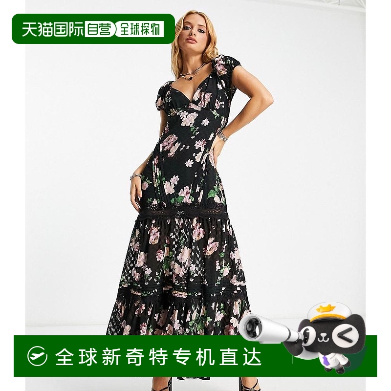 1h可退 香港直邮潮奢 ASOS 女士 设计褶纹蕾丝拼接印花长款连衣裙