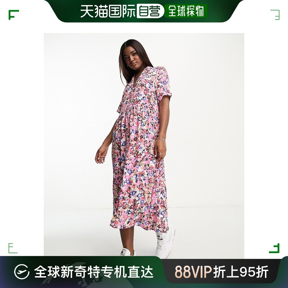 香港直邮潮奢 monki女士Monki中长粉色印花衬衫式连衣裙