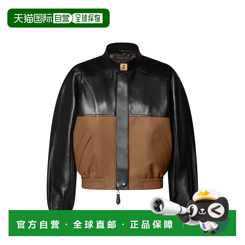自营欧洲直邮LV路易威登 女士黑色皮革撞色飞行员夹克皮衣
