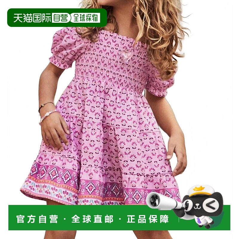 自营mayoral紫红色女孩印花烟熏边裙 美国奥莱直发