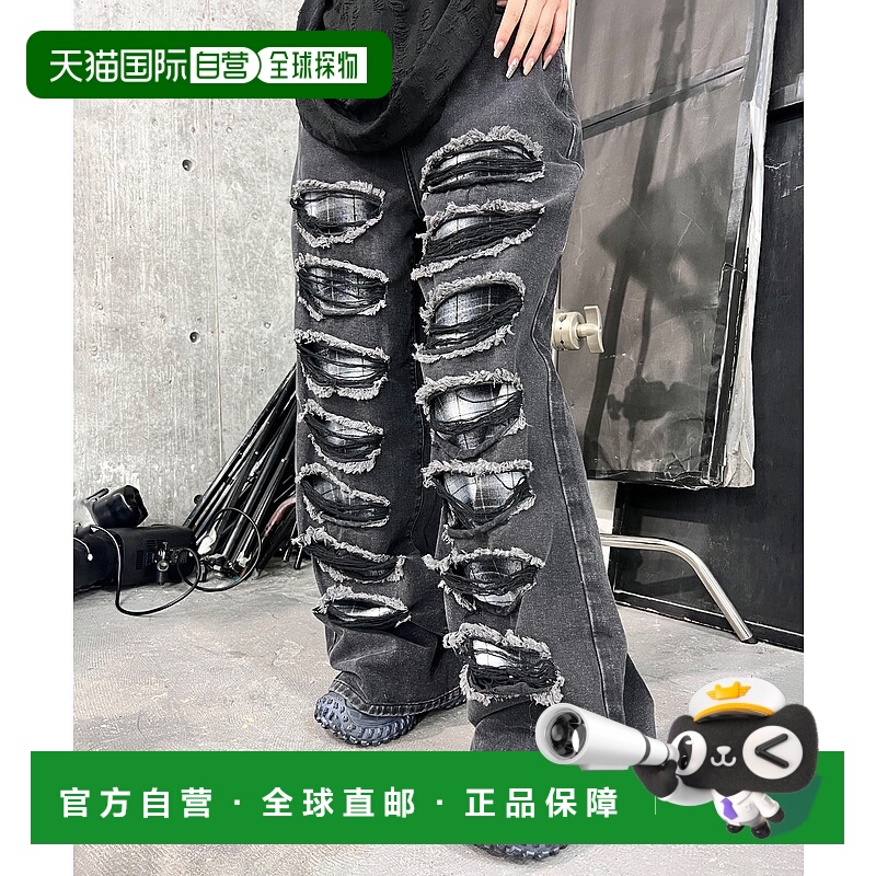 1h可退 日本直邮Figments 男女同款破洞格纹宽松牛仔裤 FG25SS177