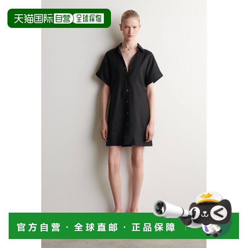 自营欧洲直邮COS 女士黑色亚麻短袖开领衬衫式连衣裙女装图片