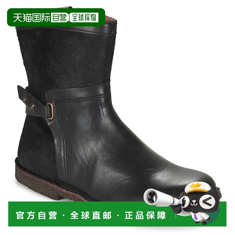 欧洲直邮kickers 女黑色皮革拼接拉链中筒平底复古时尚舒适时装靴