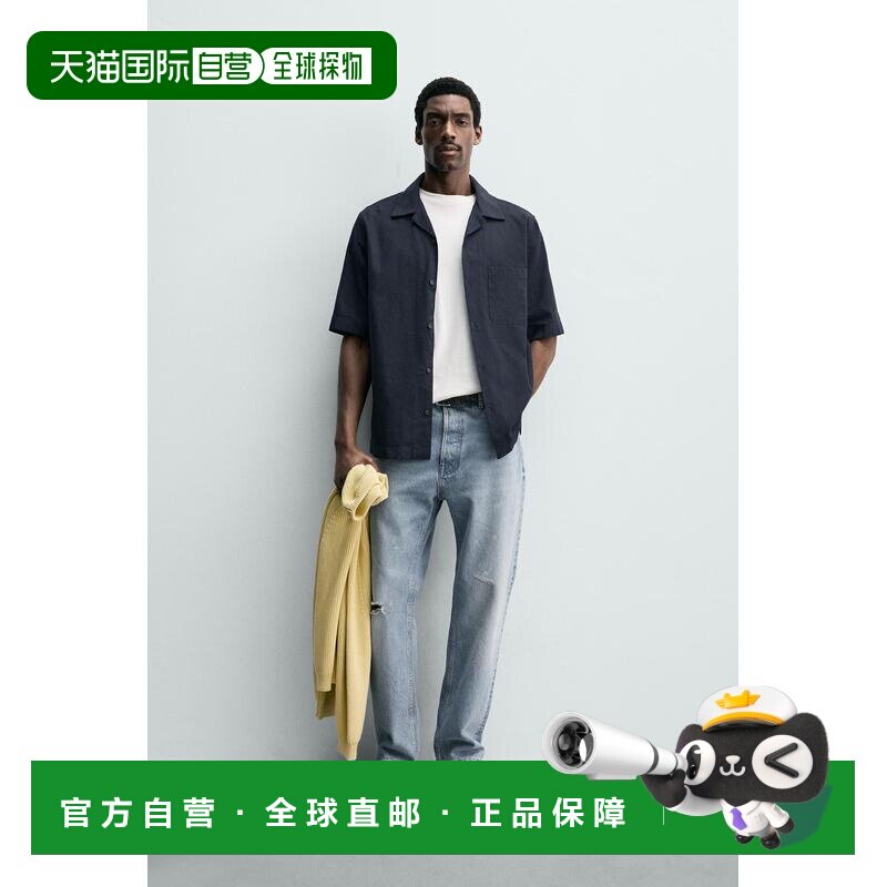 日本直邮Zara宽松版型口袋衬衫短袖亚麻