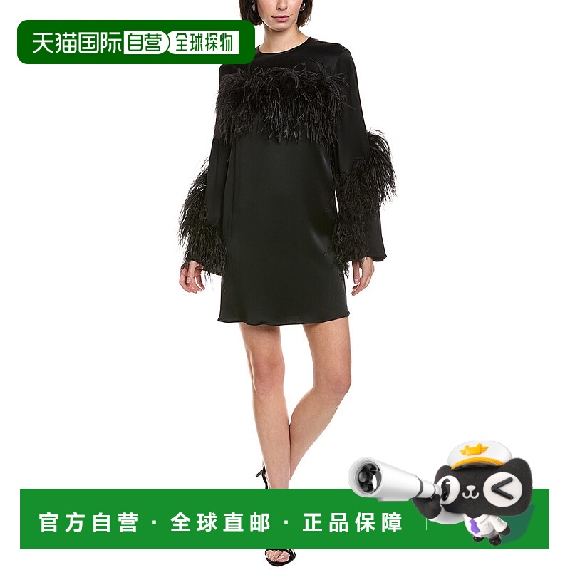 自营LAPOINTE Satin Ostrich-Trim Shift Dress - black 美国奥莱