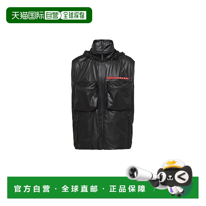自营欧洲直邮Prada普拉达 Re-Nylon男士黑色尼龙抽绳立领配风帽马