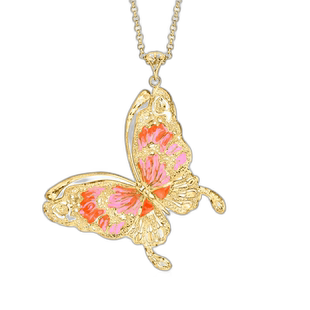 自营Ross-Simons 意大利粉色和橙色珐琅蝴蝶吊坠项链,18kt 黄金