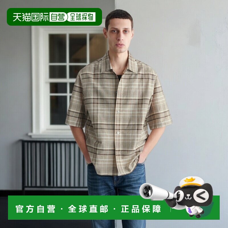 自营欧洲直邮COS 男士米色亚麻棉质格纹短袖衬衫