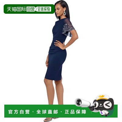 自营Betsy & Adam Sheath Dress Women's Navy Beaded Short Slee