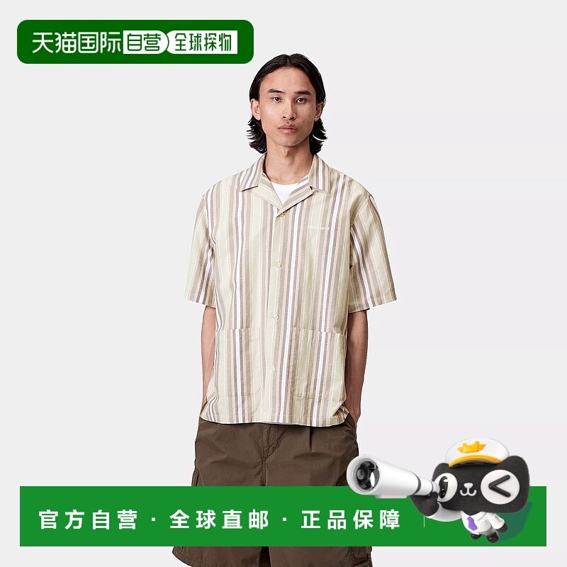 欧洲直邮Carhartt Wip 男士米色棉/亚麻短袖衬衫条纹棉麻宽松