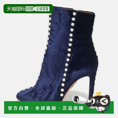 自营Aquazzura Navy Blue Velvet Follie Pearls Ankle Boots - n