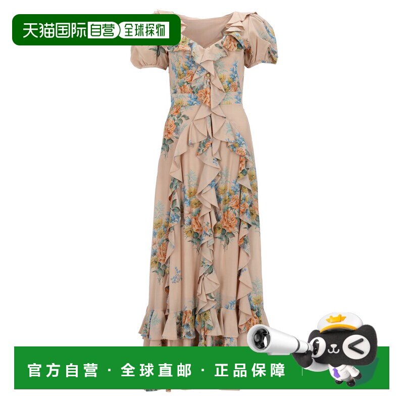香港直邮丝质花卉褶皱连衣裙 米色
