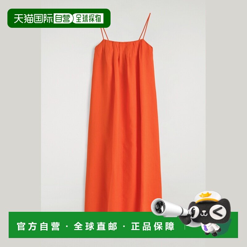 自营欧洲直邮COS 女士橘红色亚麻褶皱吊带性感长连衣裙长裙图片