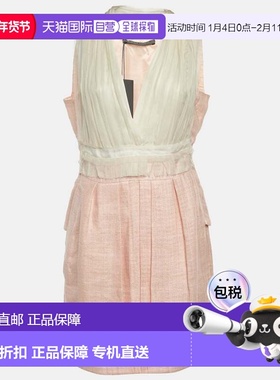 自营Alberta Ferretti Pink Linen & Silk Pleated Sleeveless Dr