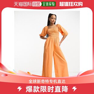 ASOS 橙色连体裤 设计亚麻抽褶泡泡袖 女士look 香港直邮潮奢