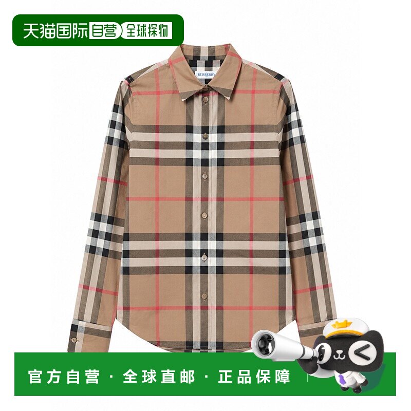 自营欧洲直邮Burberry/博柏利 女士棕色棉质格纹单排扣长袖衬衫图片