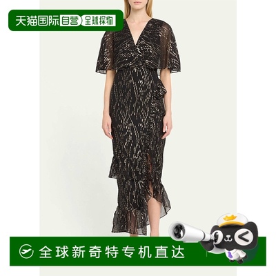 自营 saloni玫瑰V领短袖花朵印花深红色鸡尾酒会连衣裙，亮色 美