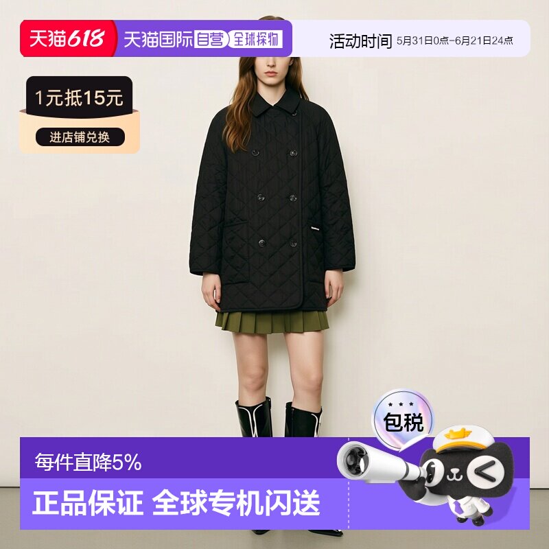 自营BURBERRY博柏利女士字母印花翻领双排扣棉服