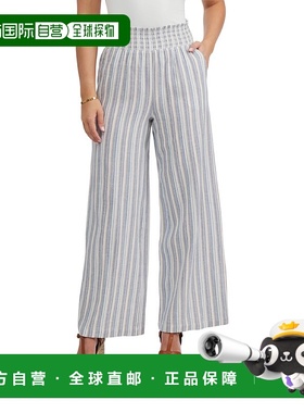 自营 Ellen Tracy女式亚麻烟熏阔腿裤-蓝色/棕褐色条纹 美国奥莱