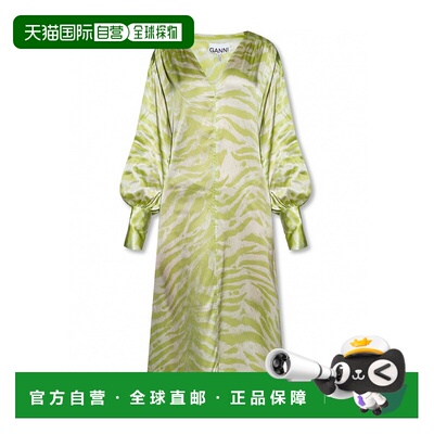 香港直发GANNI女士绿色v领长袖印花连衣裙时尚休闲百搭复古F6928