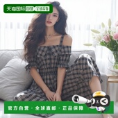 日本直邮日潮 pu62吊带收腰优雅 连衣裙 GRL 格纹露肩喇叭长款