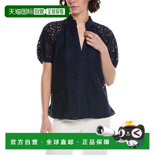 自营CeCe Ruffle Neck Raglan Seam Split Neck Blouse - blue 美