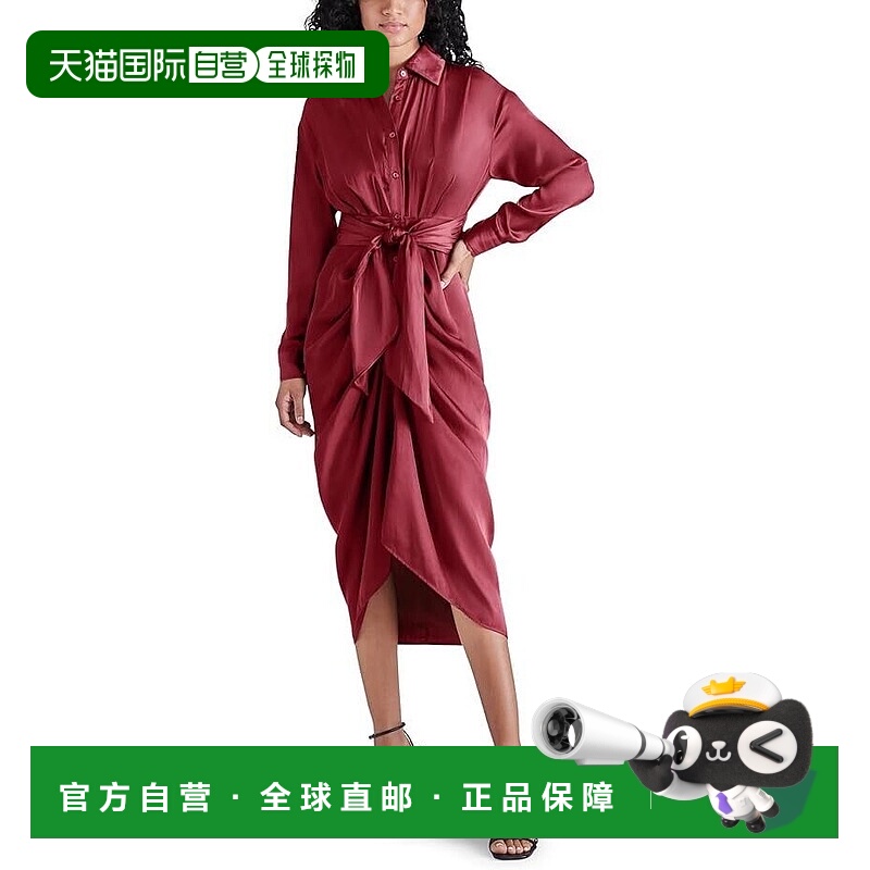 自营 Steve Madden Sula女式衬衫连衣裙4件红色卷边前襟长袖ERK32