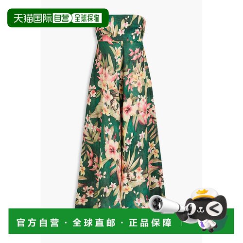 1h可退 香港直邮ZIMMERMANN 女士 无肩带抽褶印花亚麻中长连衣裙