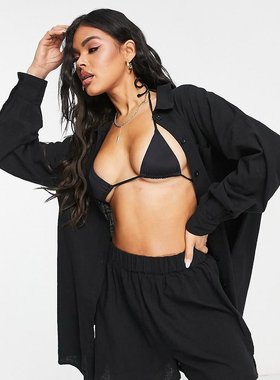 潮奢 ASOS 女士 co-ord 设计棉质织纹海滩衬衫(黑色)